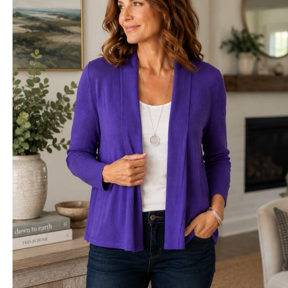 Chico’s Grace Cardigan Sweater Purple Crocus Open Front Lightweight NWT Size 0